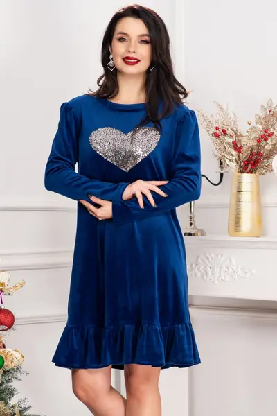 Rochie din catifea Alma albastru royal cu inima din paiete