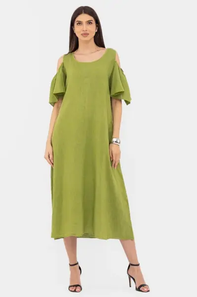Rochie din in cu umerii goi, lunga, A-line, verde deschis