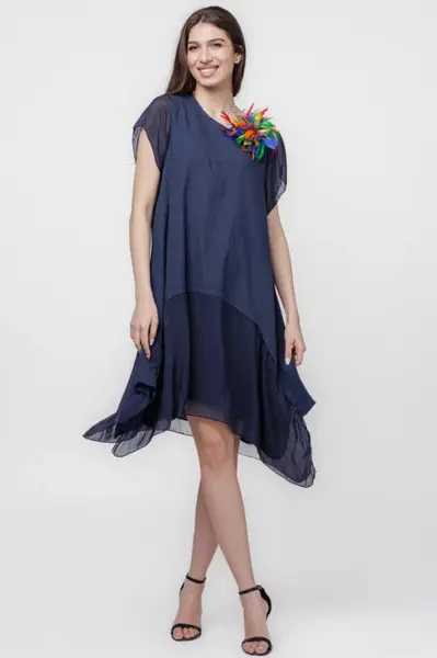 Rochie din in cu volan din matase naturala si colturi, bleumarin