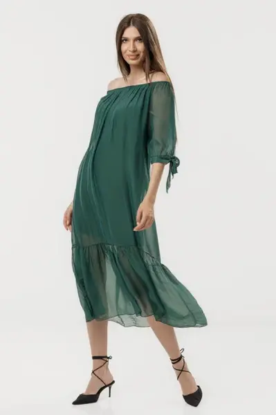 Rochie din matase si vascoza cu detalii feminine si croiala lejera, verde forest