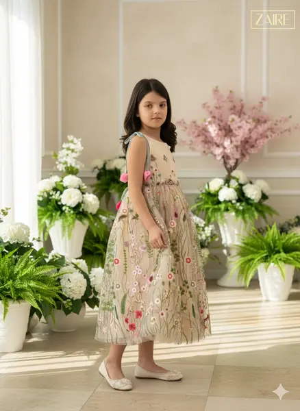Rochie eleganta din tull brodat cu flori pentru fete - Melody