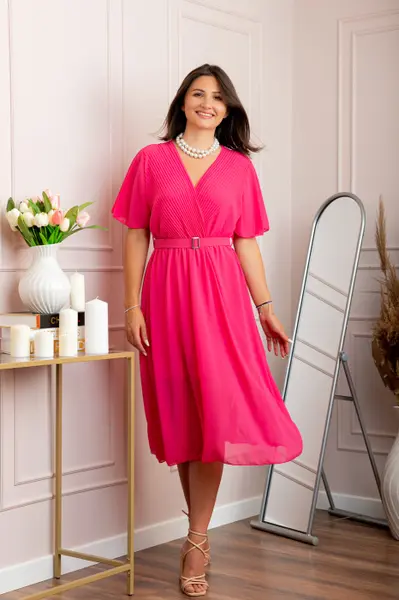 Rochie eleganta din voal Desiree cu decolteu in V si curea - Ciclam