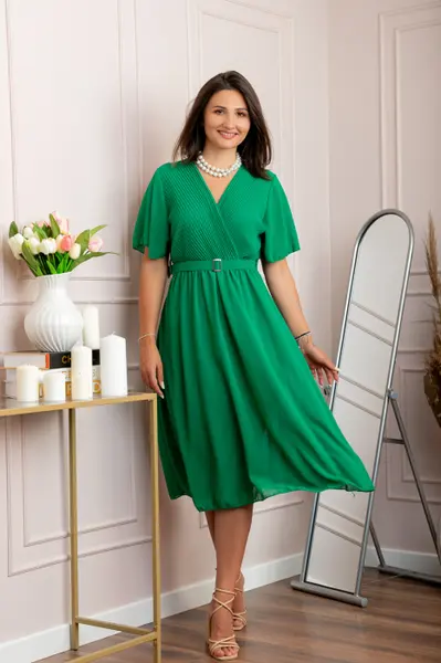 Rochie eleganta din voal Desiree cu decolteu in V si curea - Verde smarald