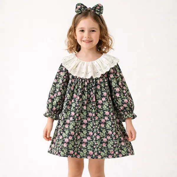 Rochie Elegantă Fetițe Imprimeu Floral cu Guler Alb - 6-7 ani