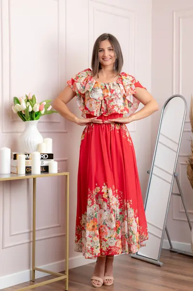 Rochie eleganta lunga Ayana cu imprimeri florale si volane ample - Rosu