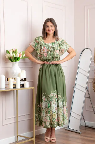Rochie eleganta lunga Ayana cu imprimeri florale si volane ample - Kaki