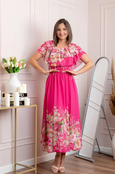 Rochie eleganta lunga Ayana cu imprimeri florale si volane ample - Ciclam