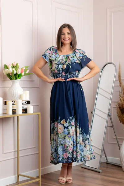 Rochie eleganta lunga Ayana cu imprimeri florale si volane ample - Bleumarin