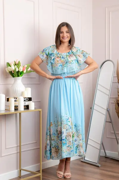 Rochie eleganta lunga Ayana cu imprimeri florale si volane ample - Bleu