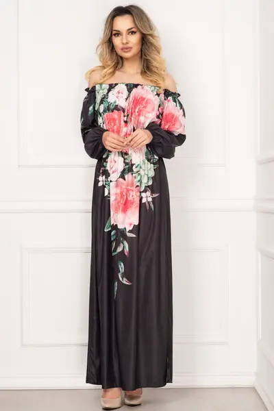Rochie eleganta lunga neagra din voal satinat cu imprimeu floral