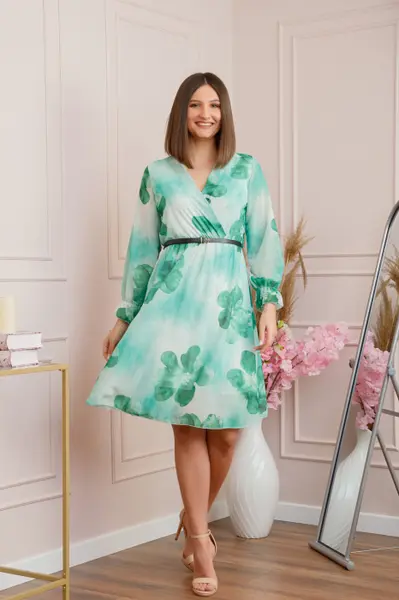 Rochie eleganta Melody din voal cu imprimeu floral verde si bust petrecut