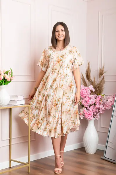 Rochie eleganta Mirabelle cu imprimeu floral - Crem cu orange