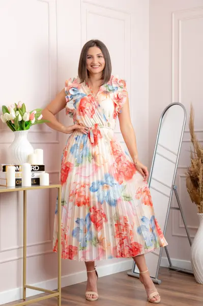 Rochie eleganta plisata Cindy cu imprimeu floral si volane la umeri - Corai