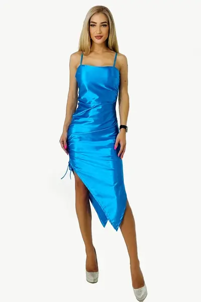 Rochie Elysium, asimetrica, cu bretele subtiri, Albastru, Marime S/M