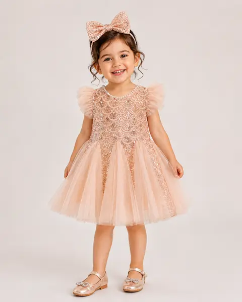 Rochie Fetițe Paiete și Tulle Rose Gold Carla - 7-8 ani