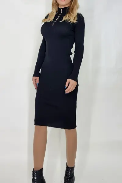 Rochie Francisca, midi, pe gat, cu model decupat, Negru, Marime S/M
