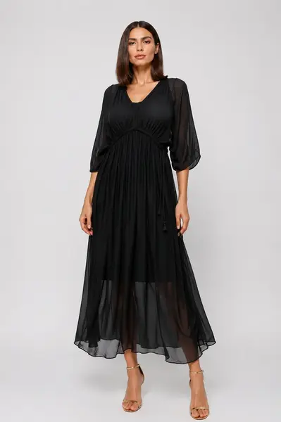 Rochie Goddess din matase si vascoza cu snur impletit pe decolteu si talie, neagra