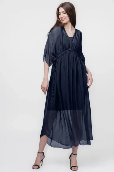 Rochie Goddess din matase si vascoza cu snur impletit pe decolteu si talie, bleumarin