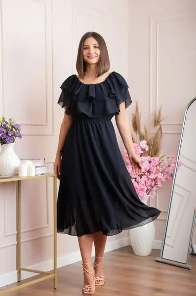 Rochie Joyce eleganta din voal cu volane - Bleumarin