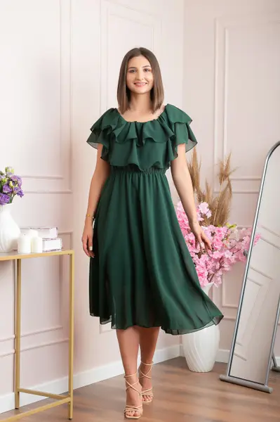 Rochie Joyce eleganta din voal cu volane - Verde