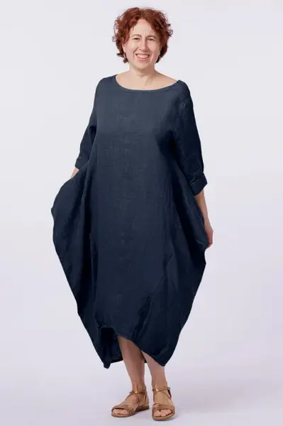 Rochie lalea in colturi, din in, bleumarin
