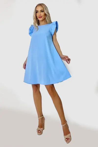 Rochie larga Azzuro, cu umeri bufanti si croiala in A, Albastru baby-blue, Marime universala S/M/L