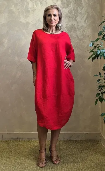 Rochie lejera de vara din in cu croi lalea oversized, rosie