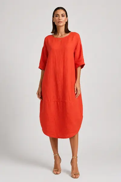 Rochie lejera de vara din in cu croi lalea oversized, rosu tangerin