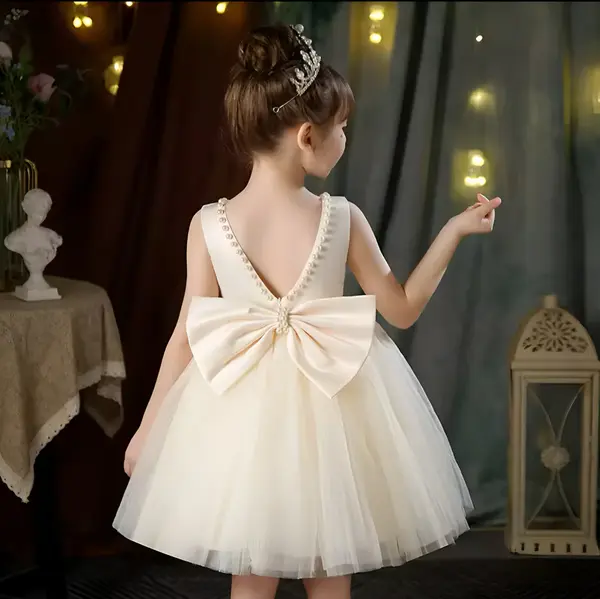 Rochie lila eleganta pentru fete, cu fundita si perle - Luna