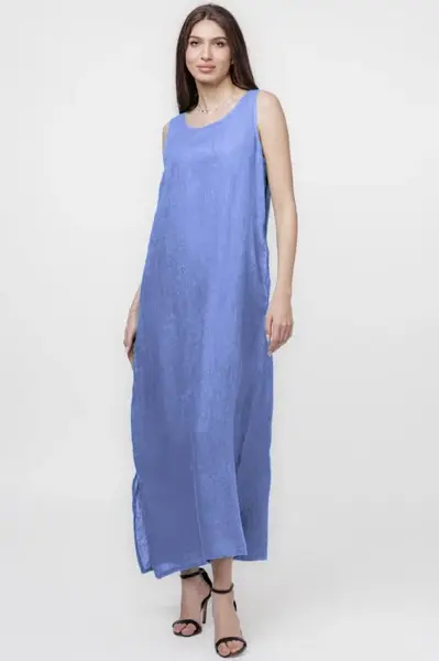 Rochie lunga A-line din in, fara maneci, bleu