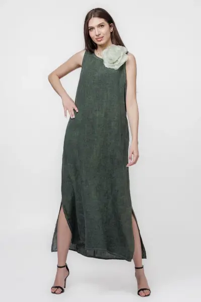Rochie lunga A-line din in, fara maneci, verde kaki prespalat