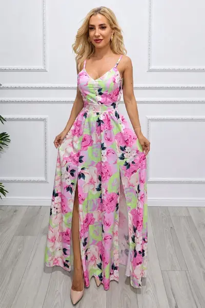 Rochie lunga Camelea, cu imprimeu floral, spatele gol si funda, PINK Peonies, Marime S/M