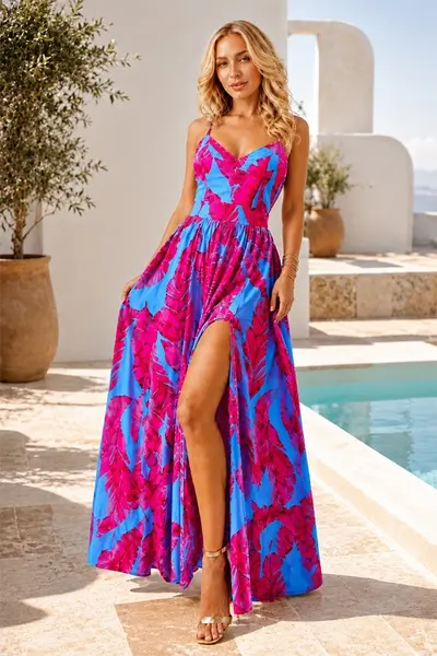 Rochie lunga Camelea, cu imprimeu floral, spatele gol si funda, Exotic Plume BLUE, Marime S/M