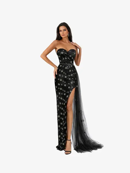 Rochie Lunga cu Cristale "Ava", Negru - 3XL