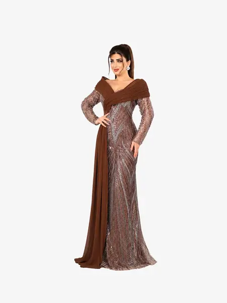 Rochie Lunga cu cristale “Calesta”, Maro - XL