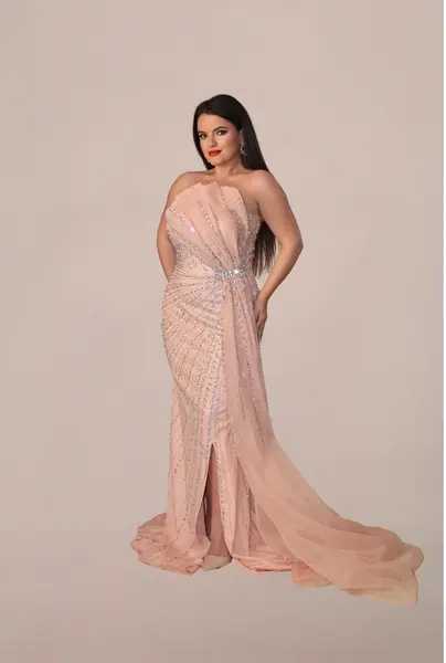 Rochie Lunga cu Trena "Velorya Luxury", Bej - L