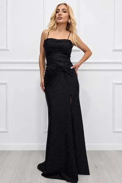 Rochie lunga de evenimente MIRUNEEA, cu crapatura pe picior si cristale, NEGRU, Marime S/M