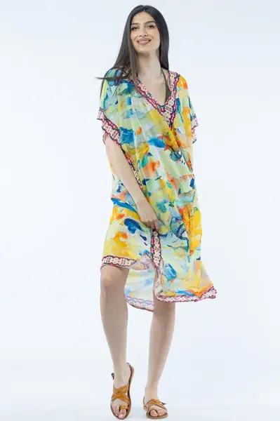 Rochie lunga de plaja tip poncho cu imprimeu acuarela multicolora