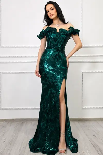 Rochie lunga de seara Velary, cu paiete si volane, Verde Smarald