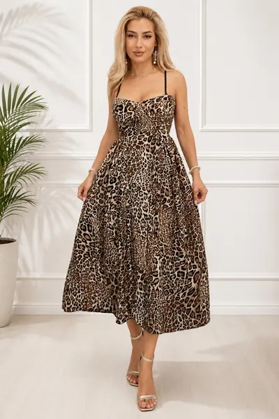 Rochie lunga de zi MIRELA, animal print leopard si cupe buretate, BEJ, Marime S/M