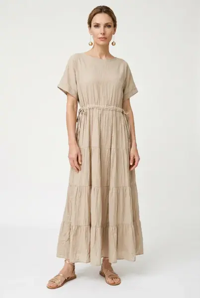 Rochie lunga din batist de bumbac cu talie subliniata, bej