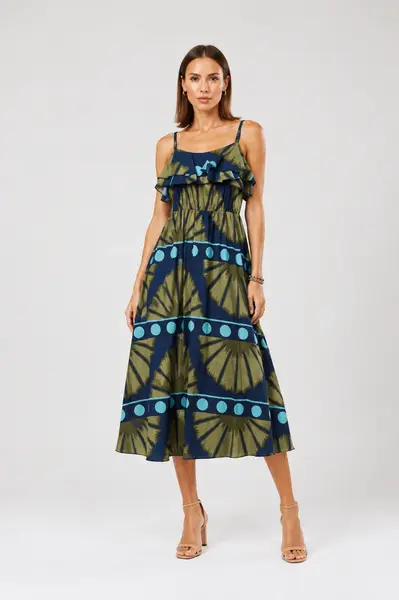Rochie lunga din bumbac subtire cu volan pe piept si imprimeu abstract, bleumarin