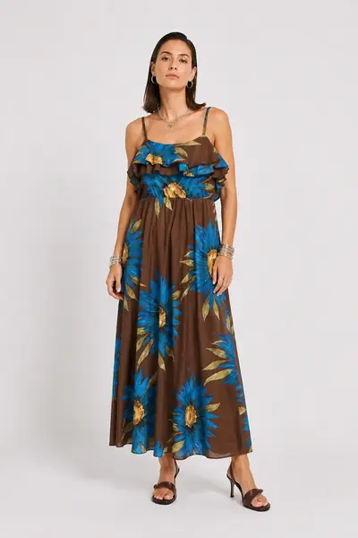Rochie lunga din bumbac subtire cu volan pe piept siimprimeu floral, maro