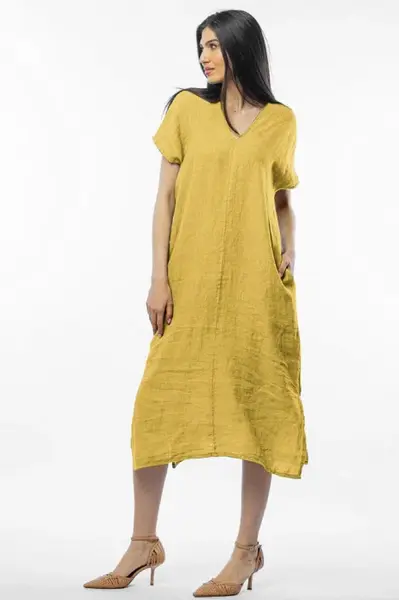 Rochie lunga din in cu funda pe spate, galbena