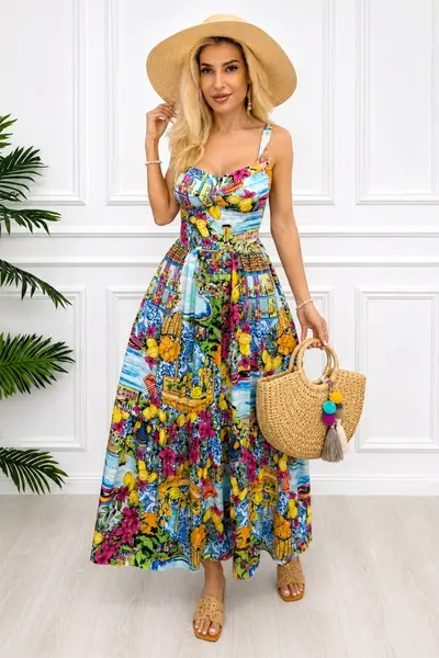 Rochie lunga in clos MELANIA, cupe buretate si imprimeu floral, ALBASTRU, Marime S/M/L