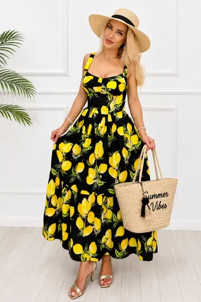 Rochie lunga in clos MELANIA, cupe buretate si imprimeu fructat, Negru, Marime S/M/L