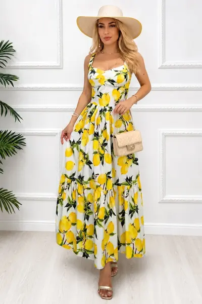 Rochie lunga in clos MELANIA, cupe buretate si imprimeu fructat, Galben, Marime S/M/L