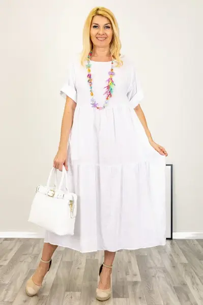 Rochie lunga oversize din in, cu volane, alba