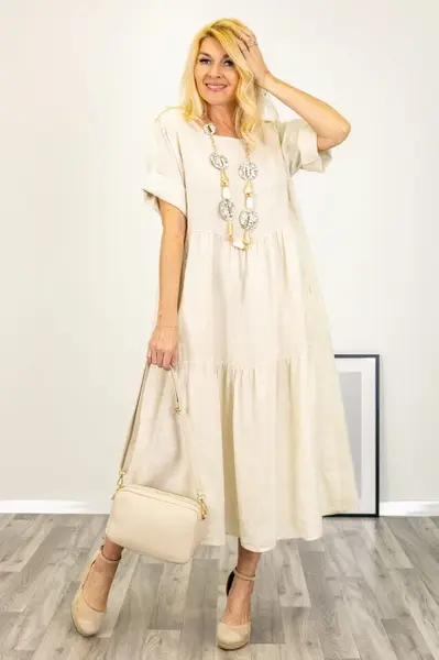 Rochie lunga oversize din in, cu volane, bej
