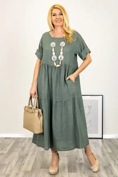 Rochie lunga oversize din in, cu volane, kaki